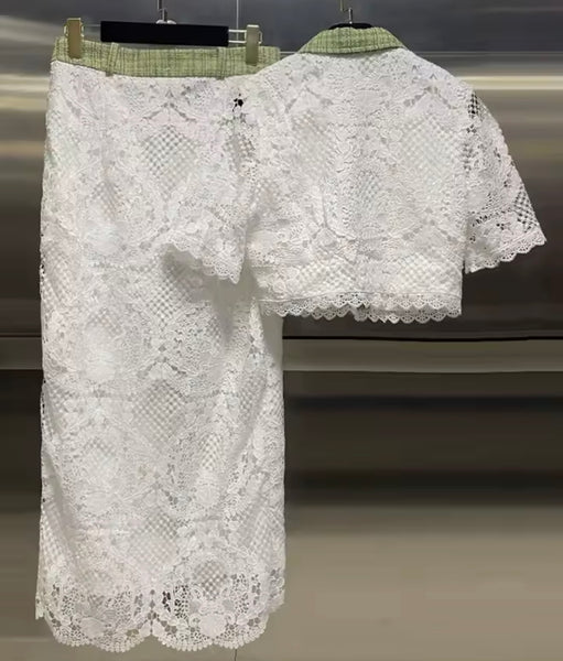 Women Button Up Short Sleeve Tweed Lace Two Piece Skirt Set