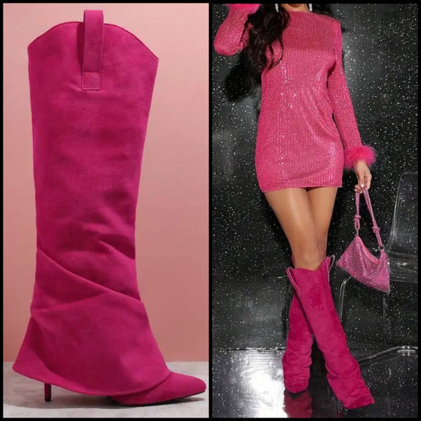 Women Pink Suede Fashion Knee High Western High Heel Boots