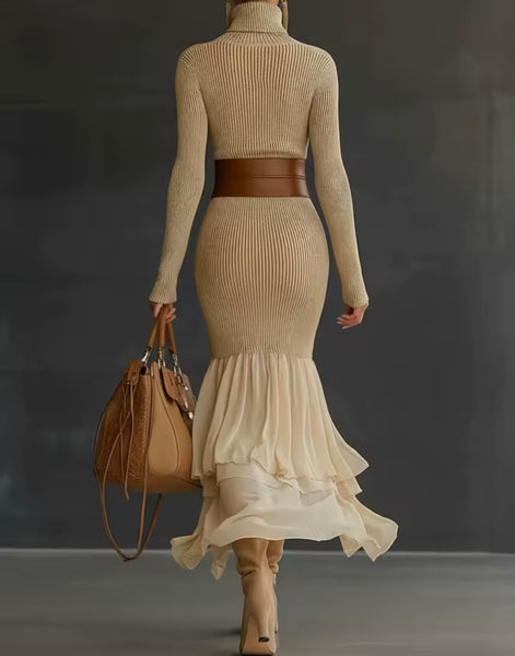 Women Sexy Turtleneck Ribbed Full Sleeve Ruffled Maxi Dress