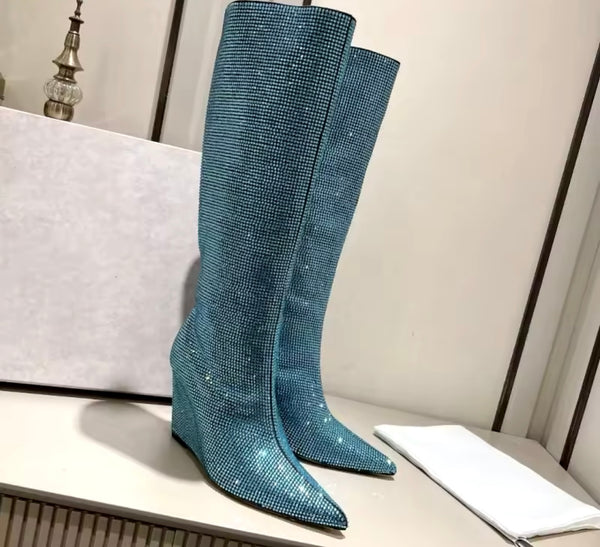 Women Fashion Bling Wedge Knee High Boots