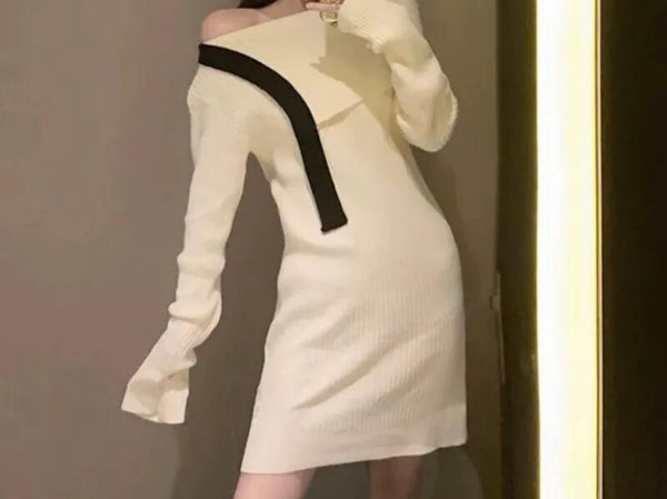 Women Off The Shoulder Ribbed Full Sleeve B&W Dress