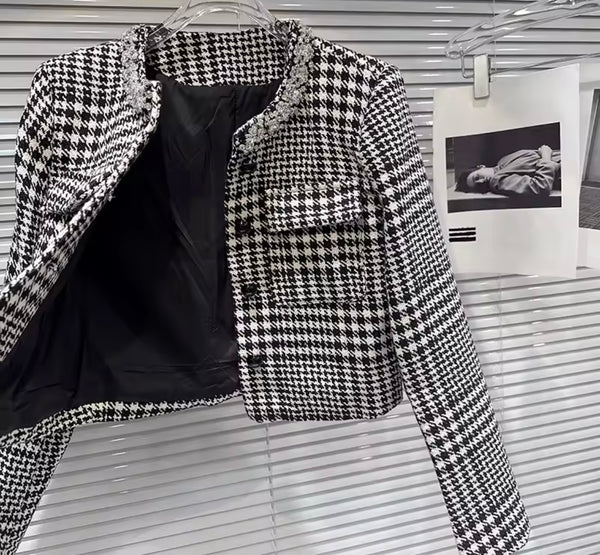 Women Fashion Plaid Button Up Blazer Two Piece Wrap Short Set