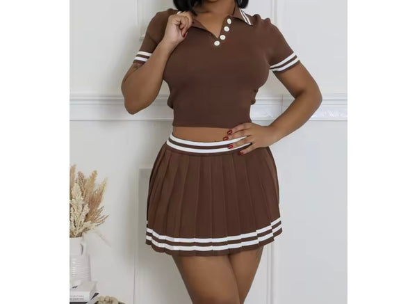 Women Sexy Solid Color Striped Short Sleeve Two Piece Pleated Skirt Set