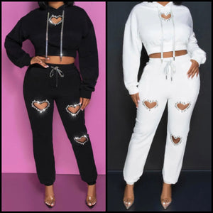 Women Fashion Full Sleeve Hooded Bling Heart Two Piece Pant Set