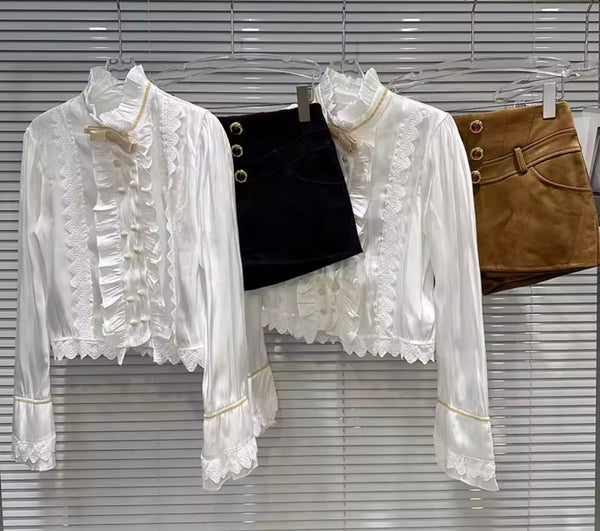 Women Ruffled Button Up Full Sleeve Two Piece Suede Short Set