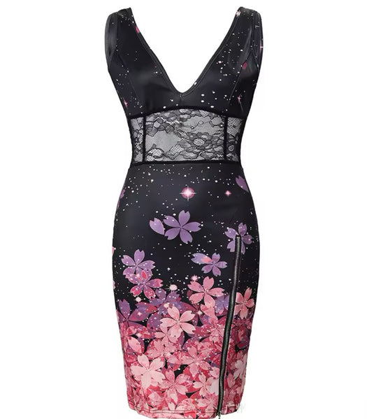 Women Sexy Sleeveless Floral Print Lace Zipper Dress