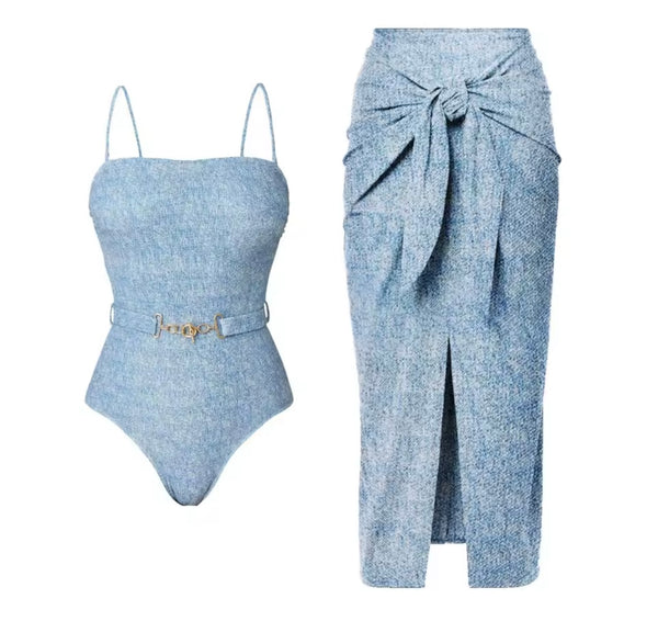 Women Sexy Blue Chain Bikini/Swimsuit Cover Up Set