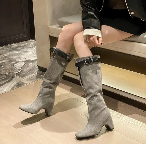 Women Fashion Buckled Knee High Boots