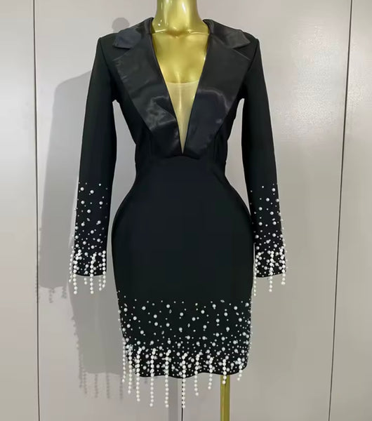 Women Black Pearl Embellishment Full Sleeve Blazer Dress