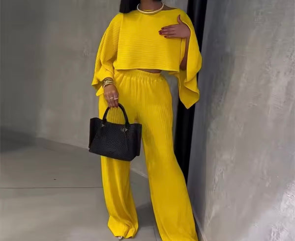 Women Solid Color Full Flare Sleeve Fashion Two Piece Pant Set