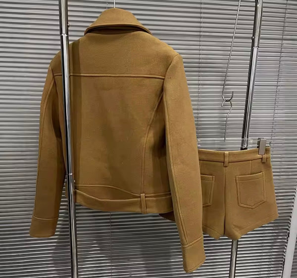 Women Brown Button Up Jacket Two Piece Fashion Short Set