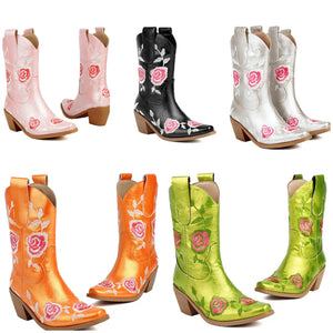 Women Fashion Floral Faux Leather Western Boots