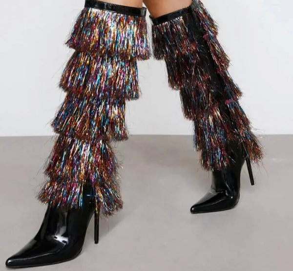 Women Fashion Pointed Toe Multicolored Fringe Knee High Boots