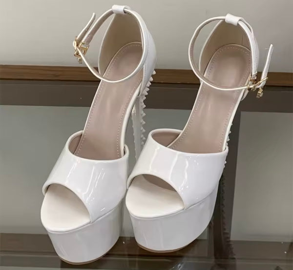 Women Fashion Open Toe Patent Leather Platform Rivet High Heels
