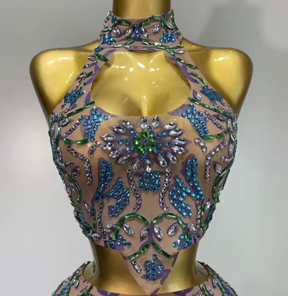 Women Sexy Halter Sleeveless Color Crystal Mesh Two Piece Skirt Set
