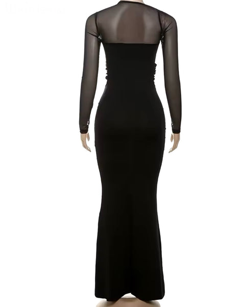 Women Sexy Black Cut Out Full Sleeve Maxi Dress