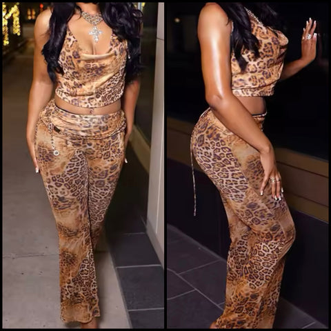 Women Sexy Leopard Halter Sleeveless Two Piece Pant Set