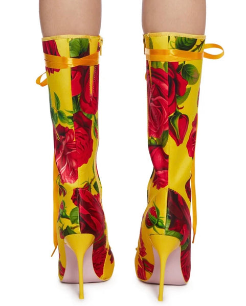 Women Fashion Pointed Toe Yellow Floral Lace Up High Heel Boots