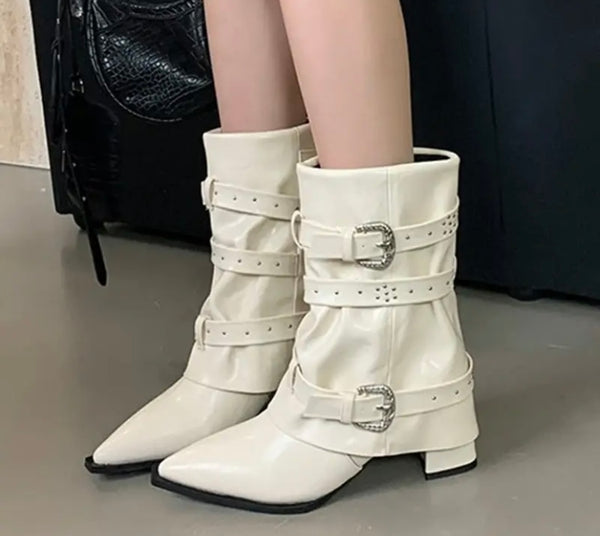 Women Pointed Toe Buckled Fashion Ankle Boots