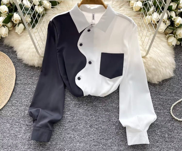 Women Button Up Full Sleeve Color Patchwork Mesh Top