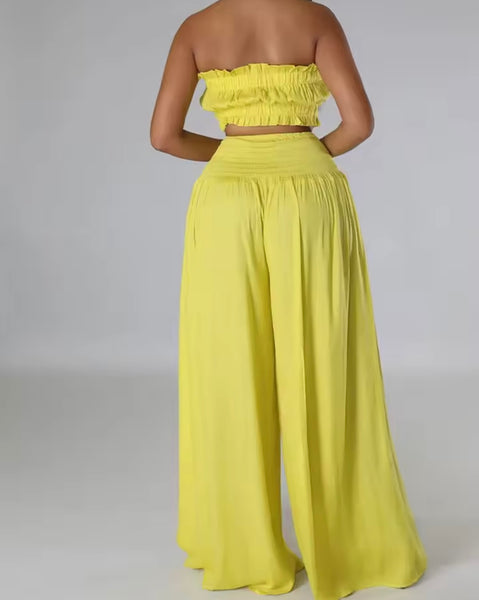 Women Ruffled Strapless Tube Top Two Piece Wide Leg Pant Set