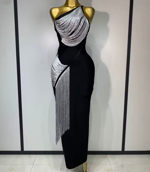 Women Black Sleeveless Sexy Silver Tassel Maxi Dress