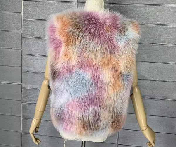 Women Multicolored Faux Fur Fashion Vest Jacket