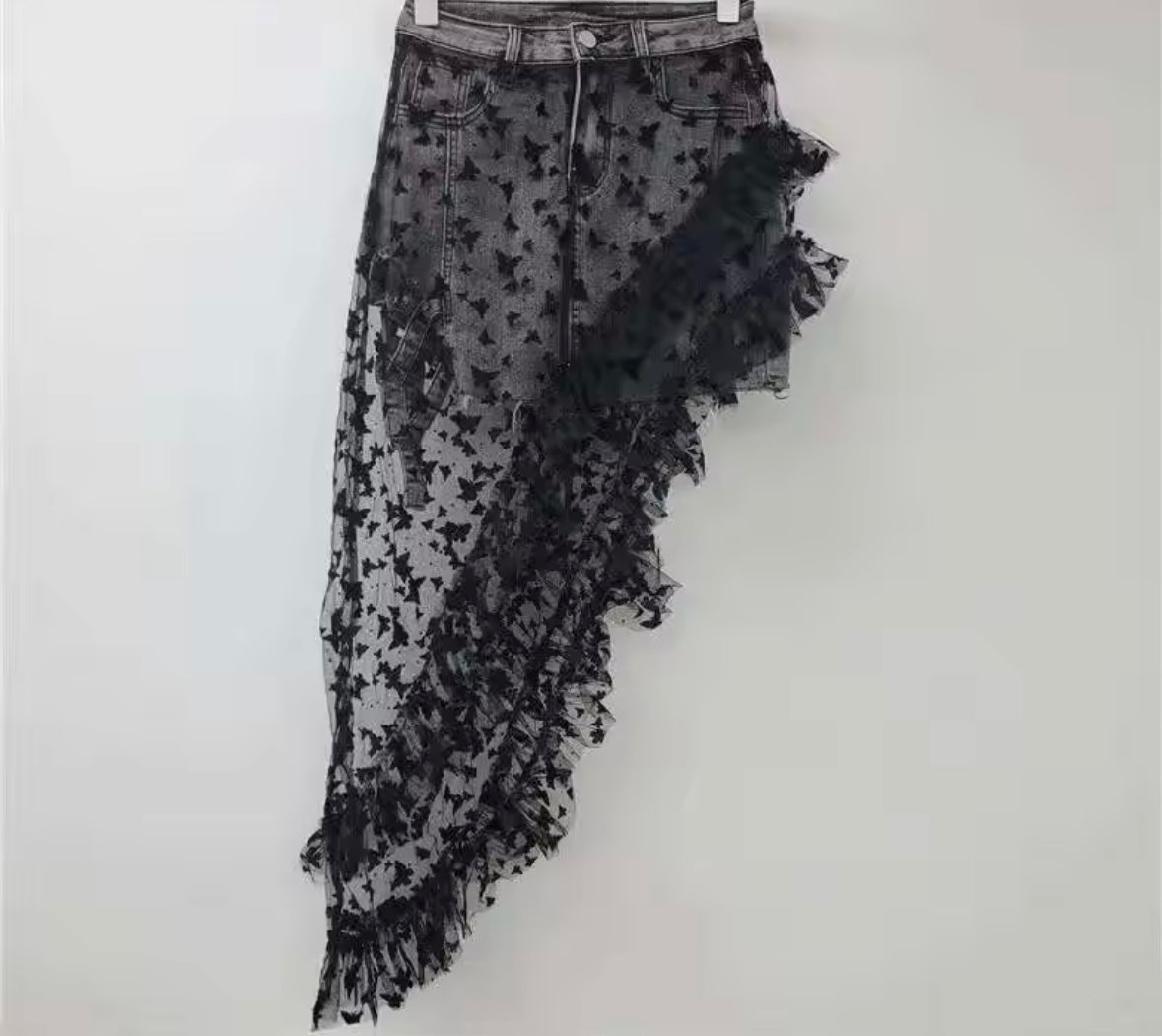 Women Fashion Printed Mesh Asymmetrical Denim Skirt