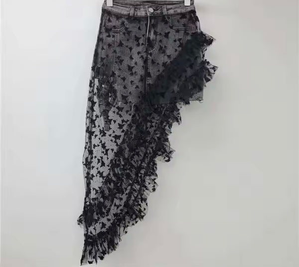 Women Fashion Printed Mesh Asymmetrical Denim Skirt