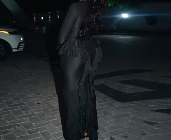 Women Sexy Black Ruffled Full Sleeve Maxi Dress