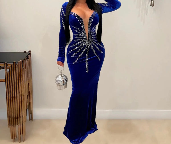 Women Full Sleeve Bling Mesh Patchwork Velour Maxi Dress