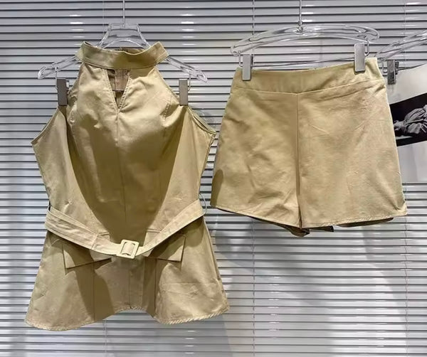 Women Belted Halter Sleeveless Two Piece Short Set
