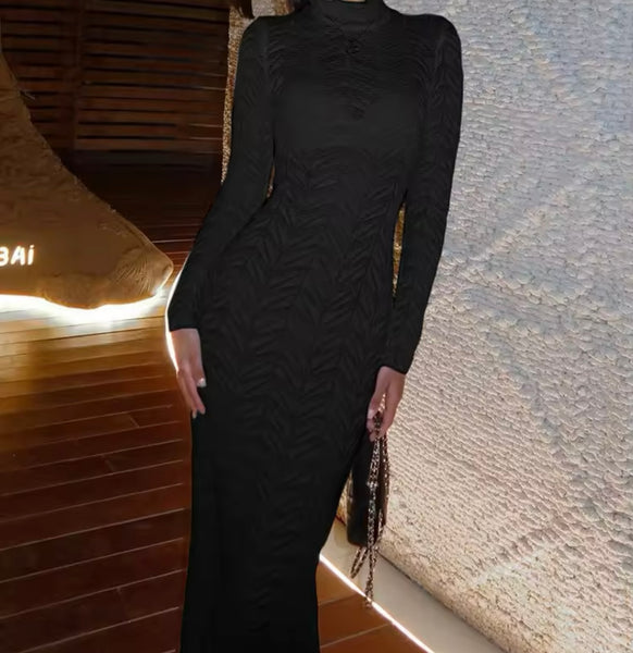 Women Sexy Solid Color Printed Full Sleeve Maxi Dress