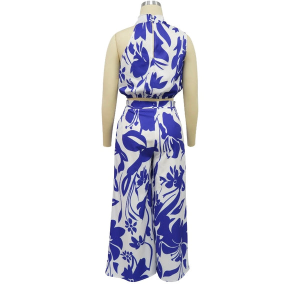 Women Sleeveless Color Patchwork Printed Two Piece Fashion Pant Set