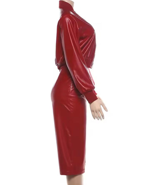 Women Fashion Red Faux Leather Jacket Two Piece Capri Pant Set