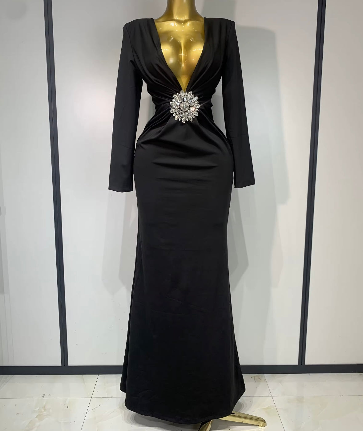 Women Sexy V-Neck Full Sleeve Ruched Rhinestone Maxi Dress