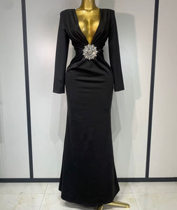 Women Sexy V-Neck Full Sleeve Ruched Rhinestone Maxi Dress