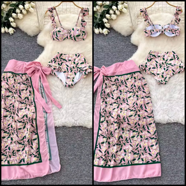 Women Pink Floral Bikini Cover Up Set