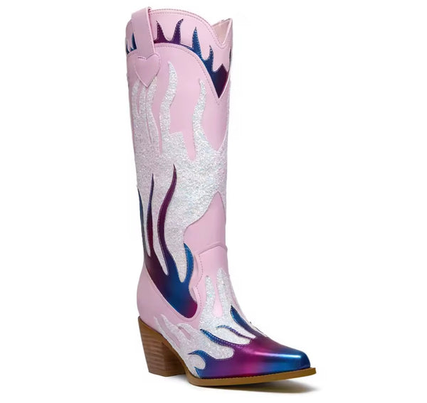 Women Fashion Pink Colorful Print Knee High Western Boots