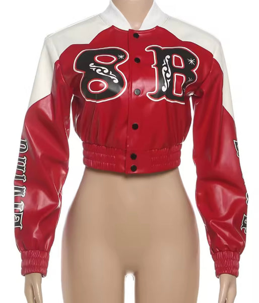 Women Fashion Color Patchwork Button Up Faux Leather Varsity Jacket