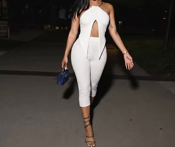 Women Sexy Metal Halter Two Piece Capri Pant Set