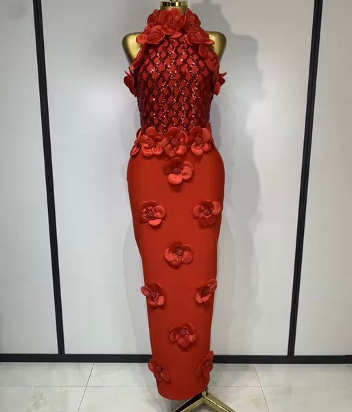 Women Sexy Sleeveless Sequins Beaded 3D Floral Maxi Dress