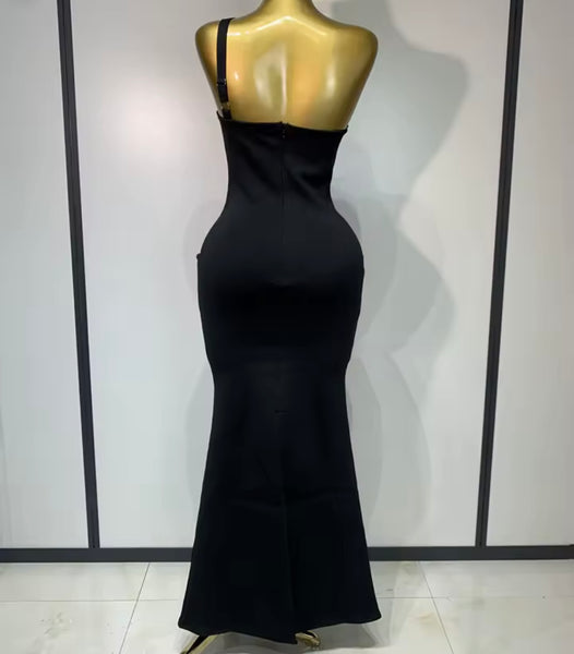 Women Sexy Black One Shoulder Green Floral Crystal Maxi Dress