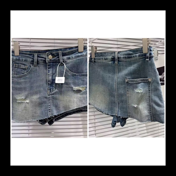 Women Sexy Fashion Ripped Asymmetrical Denim Skirt