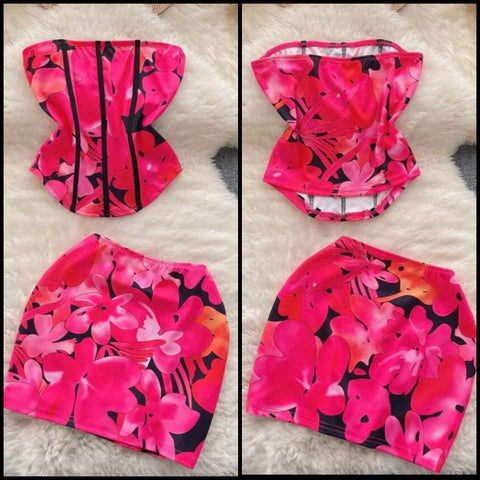 Women Sexy Strapless Colorful Floral Two Piece Skirt Set