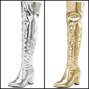Women Metallic Knee High Square Heel Fashion Boots