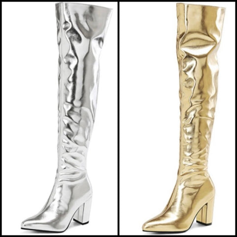 Women Metallic Knee High Square Heel Fashion Boots