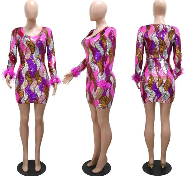 Women Sexy Feather Full Sleeve Colorful Sequins Dress