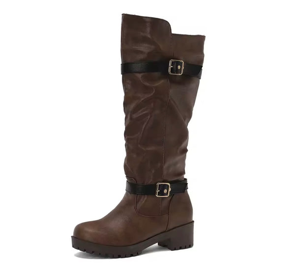 Women Round Toe Double Buckle Fashion Knee High Flat Boots