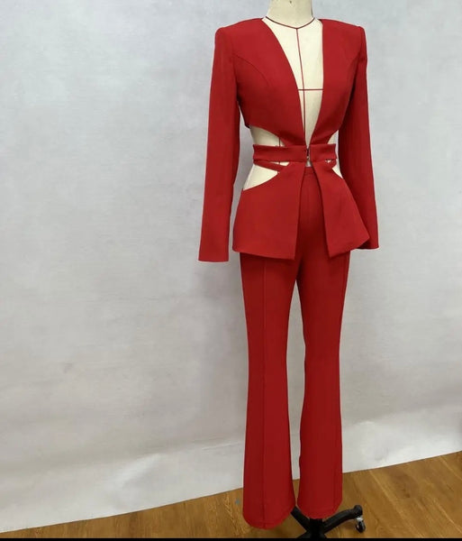 Women Red Sexy Full Sleeve Blazer Two Piece Pant Set